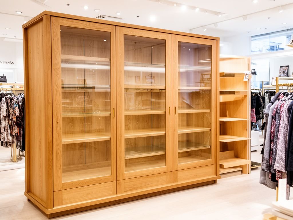 Tủ Bày Hàng Túi Xách Kệ Gỗ Kính Cường Lực Đẹp, Chuẩn Shop Tủ trưng bày gỗ sồi kính cường lực trong showroom phụ kiện