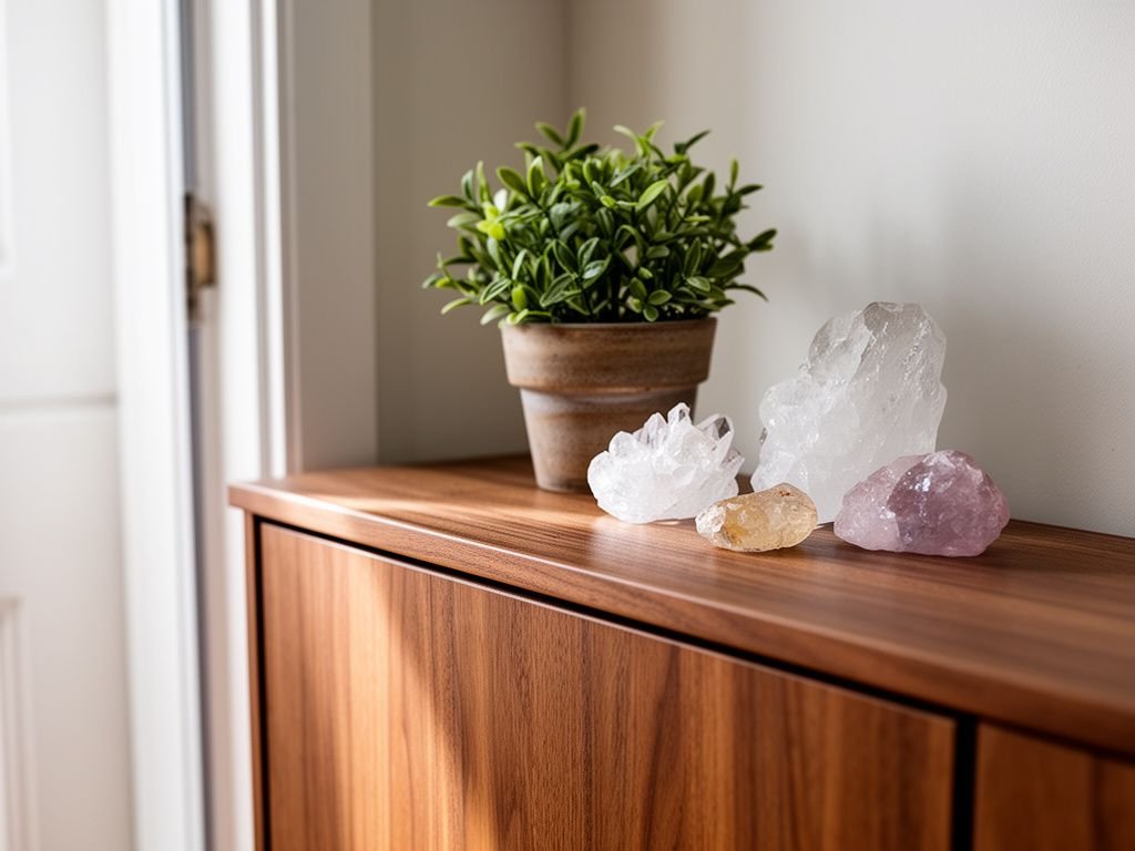 Tủ Giày Kết Hợp Tủ Trang Trí Phong Thủy: Bí Quyết Chọn Chuẩn Vật phẩm phong thủy nhỏ và chậu cây đặt trên tủ giày gỗ