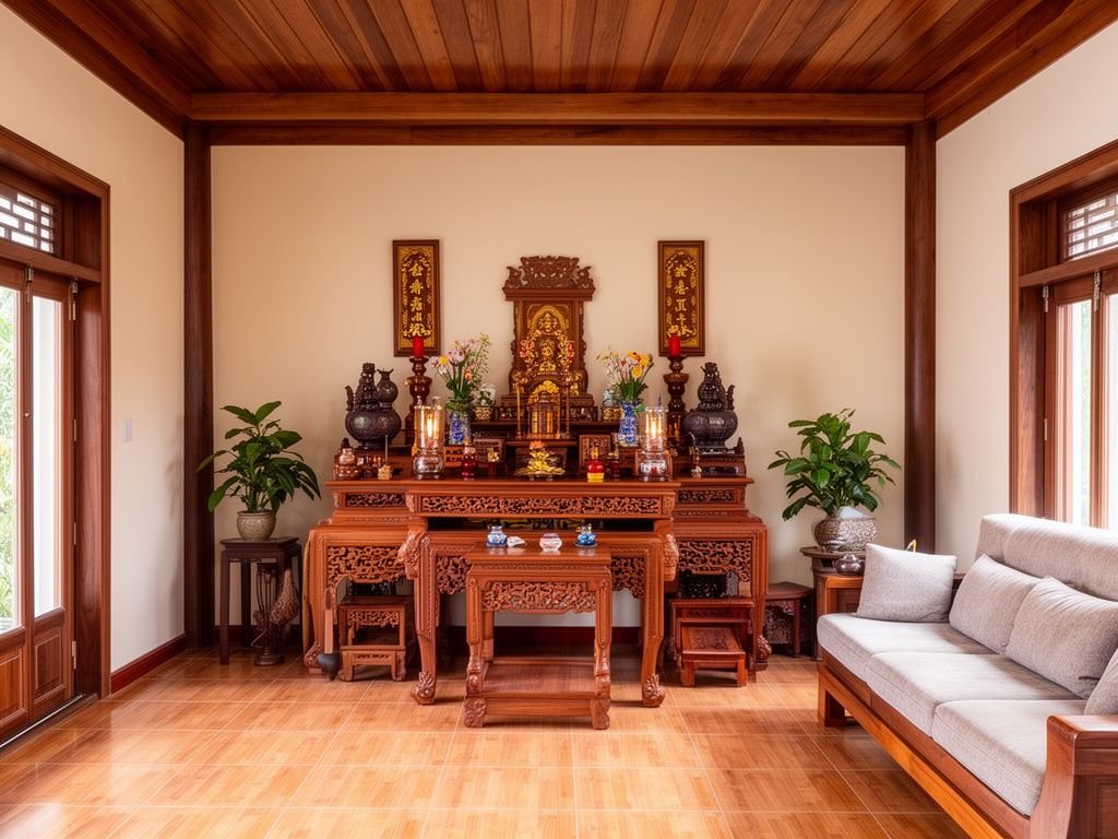 Bàn Thờ Gia Tiên 3 Tầng Gỗ Gõ Đỏ Cao Cấp - Chuẩn Phong Thủy Vị trí đặt bàn thờ gia tiên 3 tầng trong phòng thờ gia đình