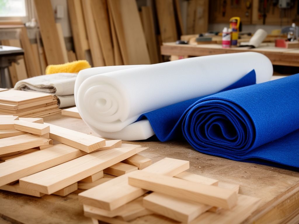 Sofa Nệm Băng Dài Bọc Nỉ Màu Xanh Dương Cho Không Gian Ấm Cúng Xưởng mộc chuẩn bị vải nỉ xanh dương và gỗ đóng sofa băng dài