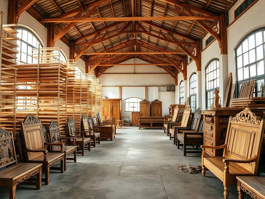 Xưởng sản xuất gỗ với timber đang phơi sấy trước khi làm đồ nội thất