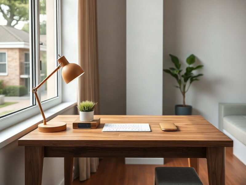 6 ý tưởng decor bàn làm việc phong cách ấn tượng nhất hiện nay Ý tưởng decor bàn làm việc phong cách với bàn gỗ óc chó và đèn bàn ấm áp