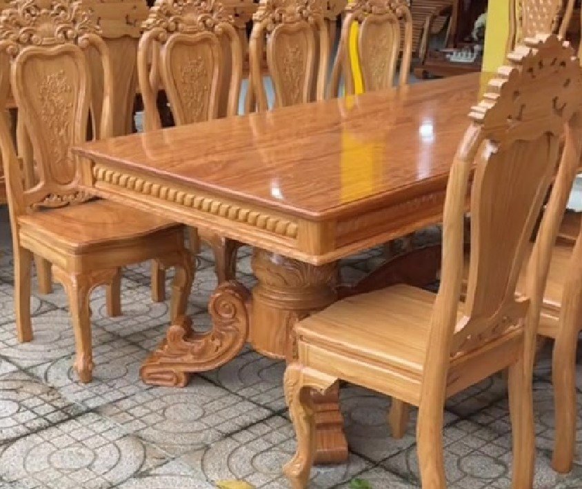 Bàn ăn gõ đỏ mặt nguyên tấm dày 3 phân MS 3501 - Giá tốt TPHCM Tổng thể bộ bàn ăn gõ đỏ