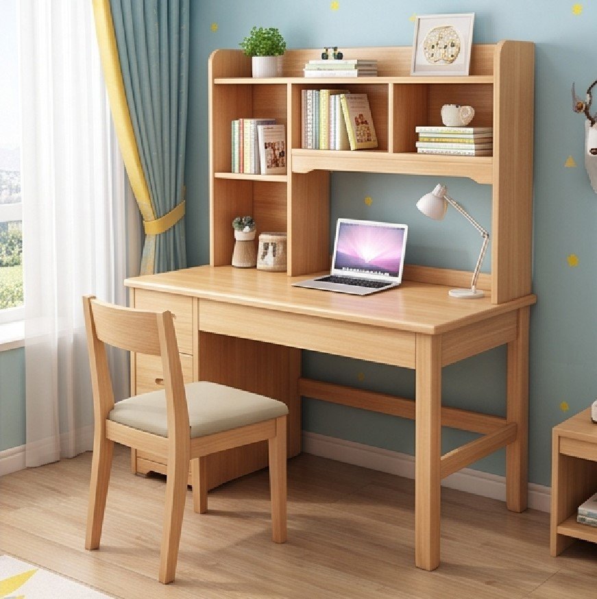 Top Các Mẫu Bàn Học Gỗ Tự Nhiên Có Giá Sách Đẹp, Bền Nhất Cho Bé Bàn học gỗ tự nhiên có giá sách đi kèm ghế tựa đồng bộ
