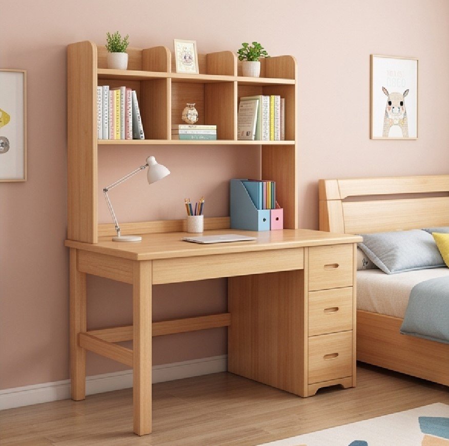 Top Các Mẫu Bàn Học Gỗ Tự Nhiên Có Giá Sách Đẹp, Bền Nhất Cho Bé Bàn học gỗ tự nhiên có giá sách gỗ cao su ghép thanh