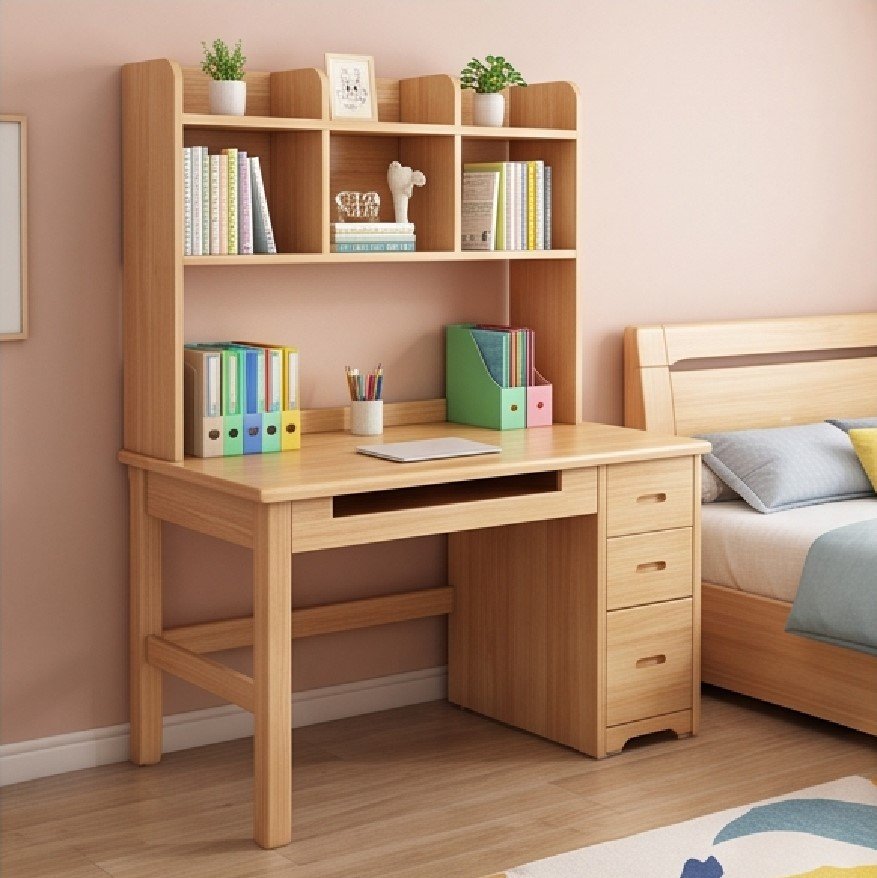 Top Các Mẫu Bàn Học Gỗ Tự Nhiên Có Giá Sách Đẹp, Bền Nhất Cho Bé Bàn học gỗ tự nhiên có kệ sách đa năng nhiều ngăn