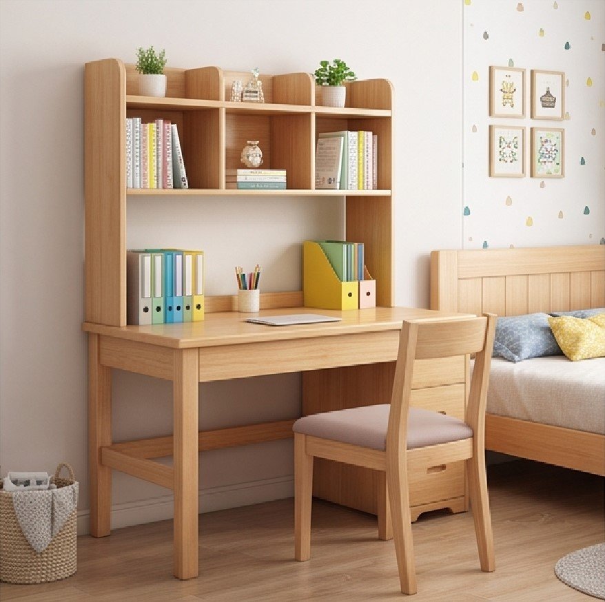Top Các Mẫu Bàn Học Gỗ Tự Nhiên Có Giá Sách Đẹp, Bền Nhất Cho Bé Bàn học sinh gỗ tự nhiên liền giá sách nhỏ gọn