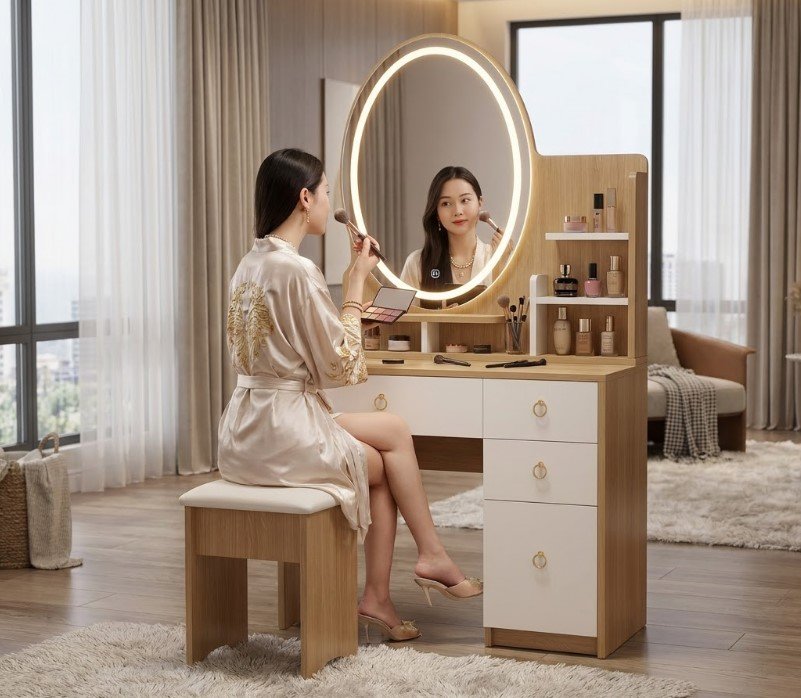Bàn trang điểm gương tròn LED cao cấp MS 3497 Bàn trang điểm gương tròn LED hiện đại với ánh sáng LED rực rỡ