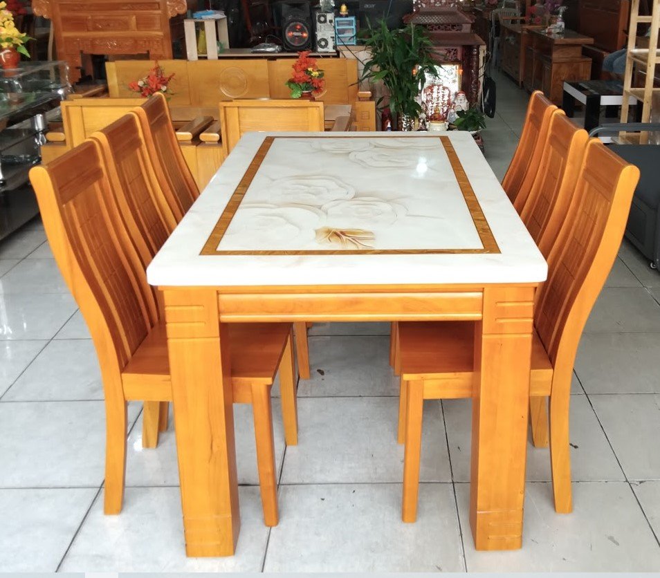 Bộ bàn ăn mặt đá 6 ghế gỗ cao su