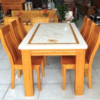 Bộ bàn ăn mặt đá 6 ghế gỗ cao su