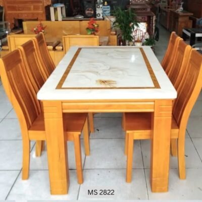 Bộ bàn ăn mặt đá 6 ghế gỗ cao su