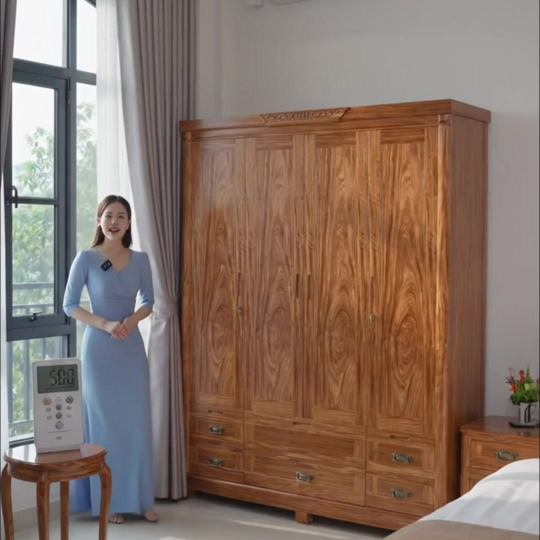 Chống ẩm cho tủ quần áo gỗ tự nhiên bằng máy hút ẩm và rèm cửa.