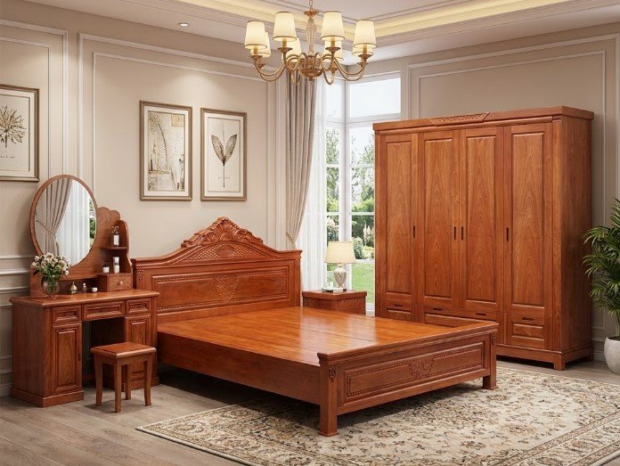 Combo nội thất phòng ngủ đẹp hiện đại MS 3480 Phòng ngủ gỗ tự nhiên với giường lớn và tủ áo