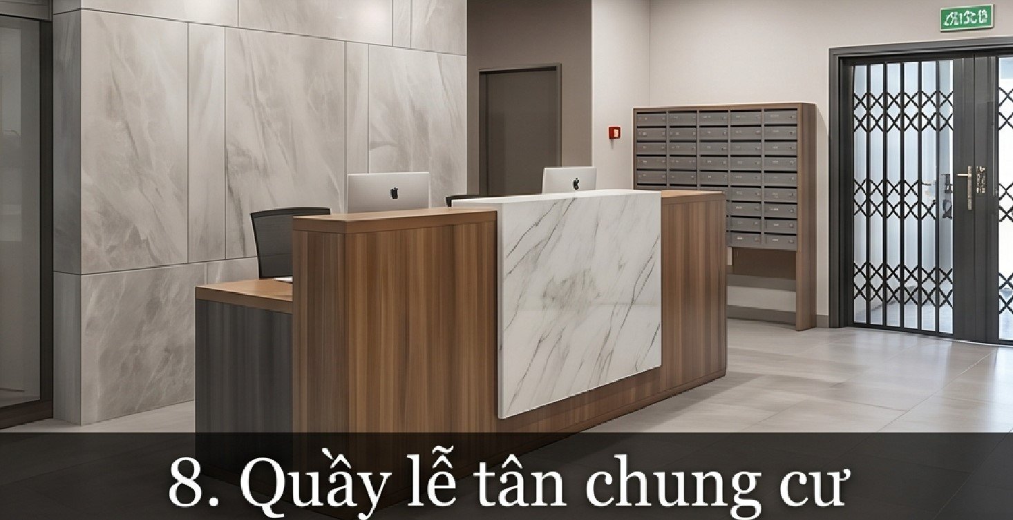 Quầy Lễ Tân Chữ L Mặt Đá Vân Mây: Tối Ưu Không Gian, Sang Trọng Quầy lễ tân tòa nhà chung cư