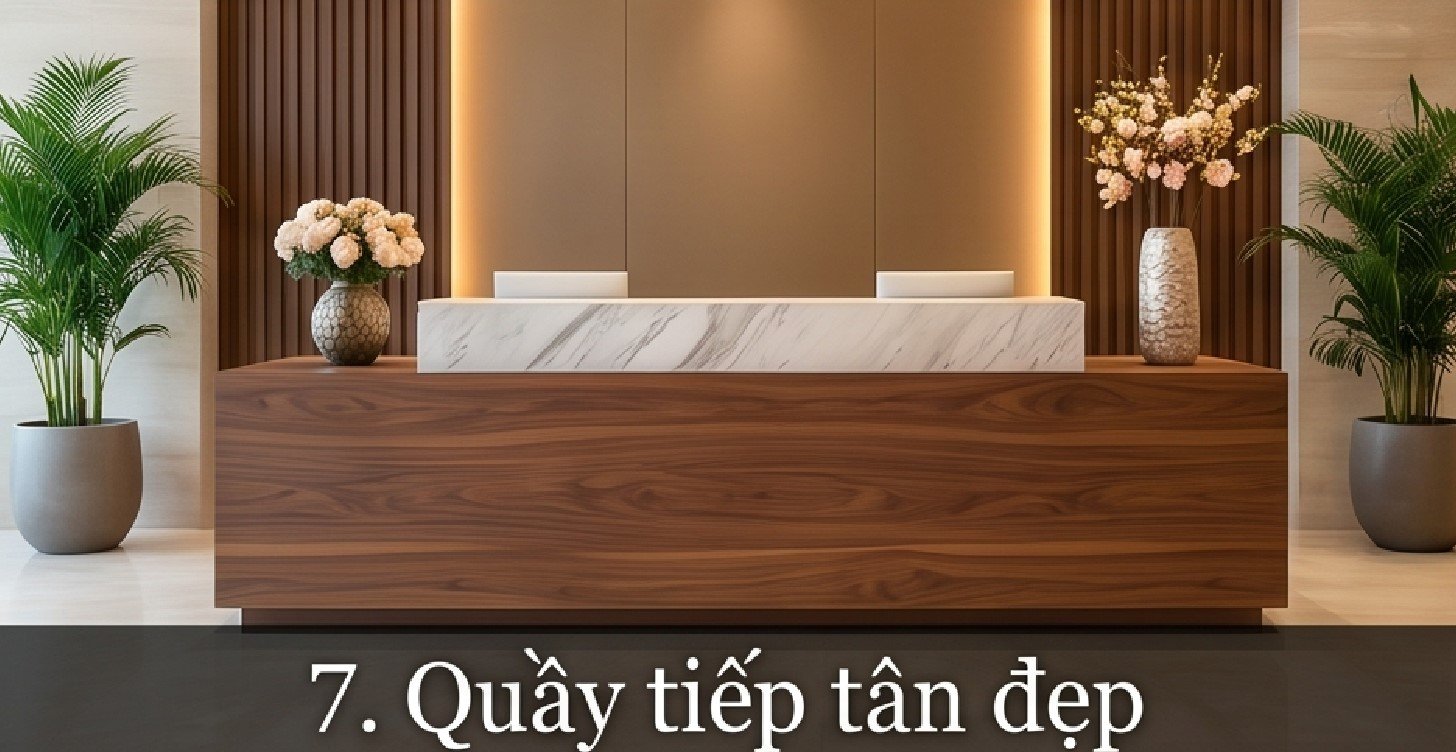 Quầy Lễ Tân Chữ L Mặt Đá Vân Mây: Tối Ưu Không Gian, Sang Trọng Quầy tiếp tân đẹp tích hợp đèn LED