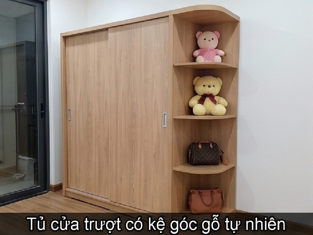 Tủ cửa trượt có kệ góc gỗ tự nhiên chứa đồ đa năng