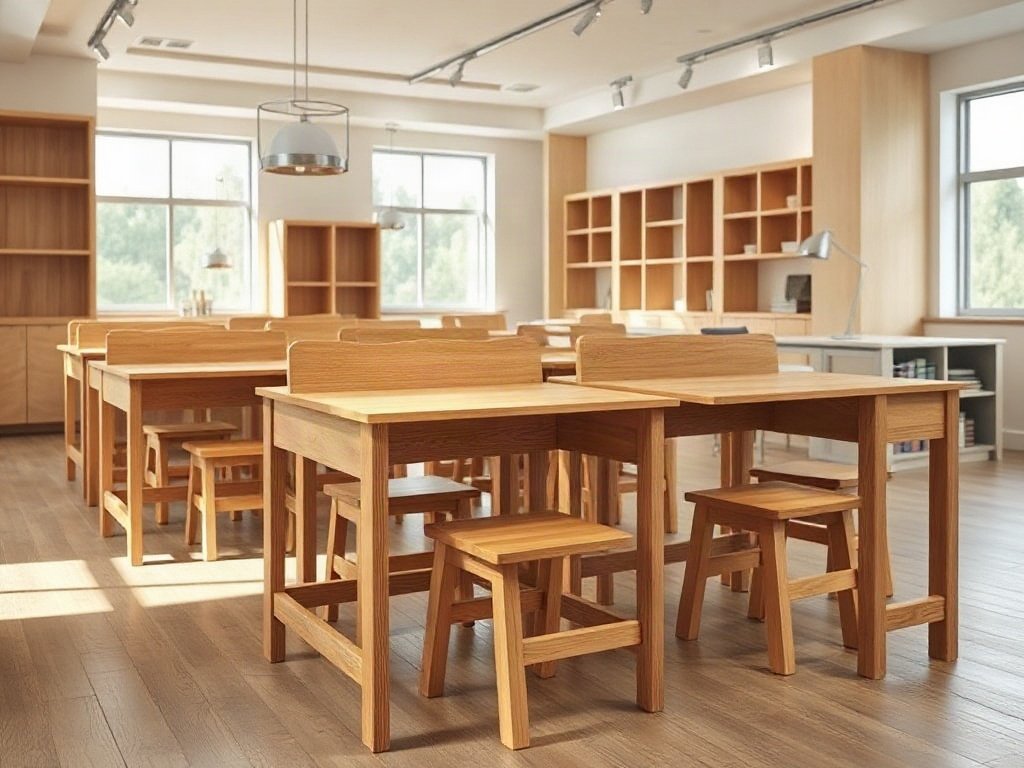 Bàn học cho bé giá rẻ trưng bày tại showroom nội thất gỗ