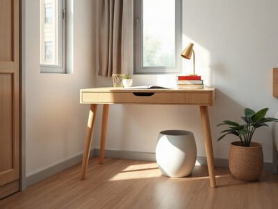 Bàn làm việc đẹp cho không gian nhỏ bằng gỗ tự nhiên kê sát cửa sổ