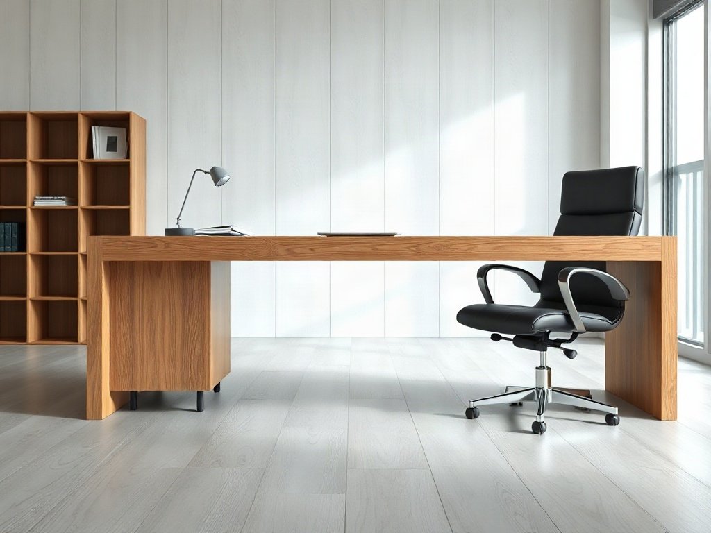 Những thiết kế độc đáo dành cho nội thất văn phòng đơn giản Bàn làm việc giám đốc gỗ dày phối ghế da phong cách tối giản
