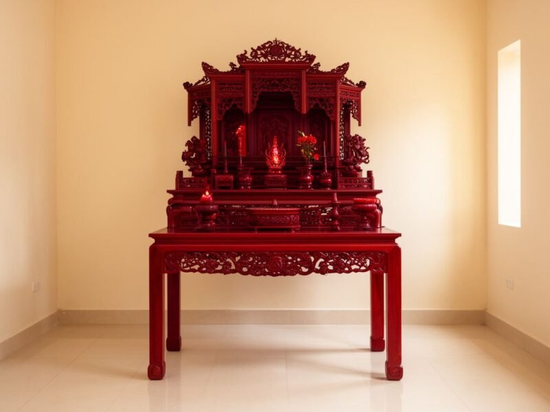 Bàn thờ gia tiên gỗ gõ đỏ đặt làm theo kích thước chuẩn