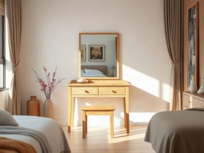 Bàn trang điểm 2 hộc gỗ tự nhiên với gương liền trong phòng ngủ hiện đại