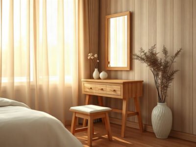 Bàn trang điểm mini gỗ tự nhiên đặt góc phòng ngủ ánh sáng tự nhiên
