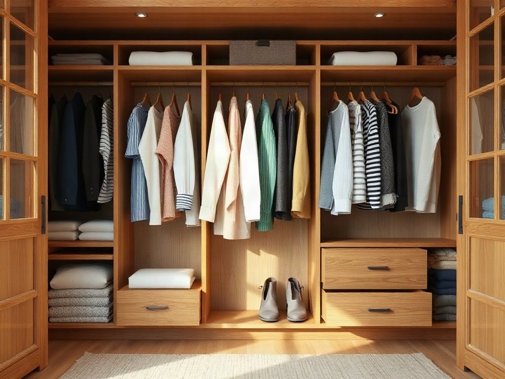 Lợi ích của tủ quần áo gỗ sồi trong việc bảo quản Bên trong tủ gỗ sồi sắp xếp quần áo gọn gàng giúp bảo quản quần áo