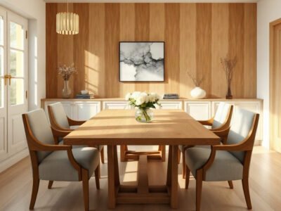 Bộ bàn ăn gỗ sồi đẹp đặt trong phòng ăn hiện đại ánh sáng tự nhiên