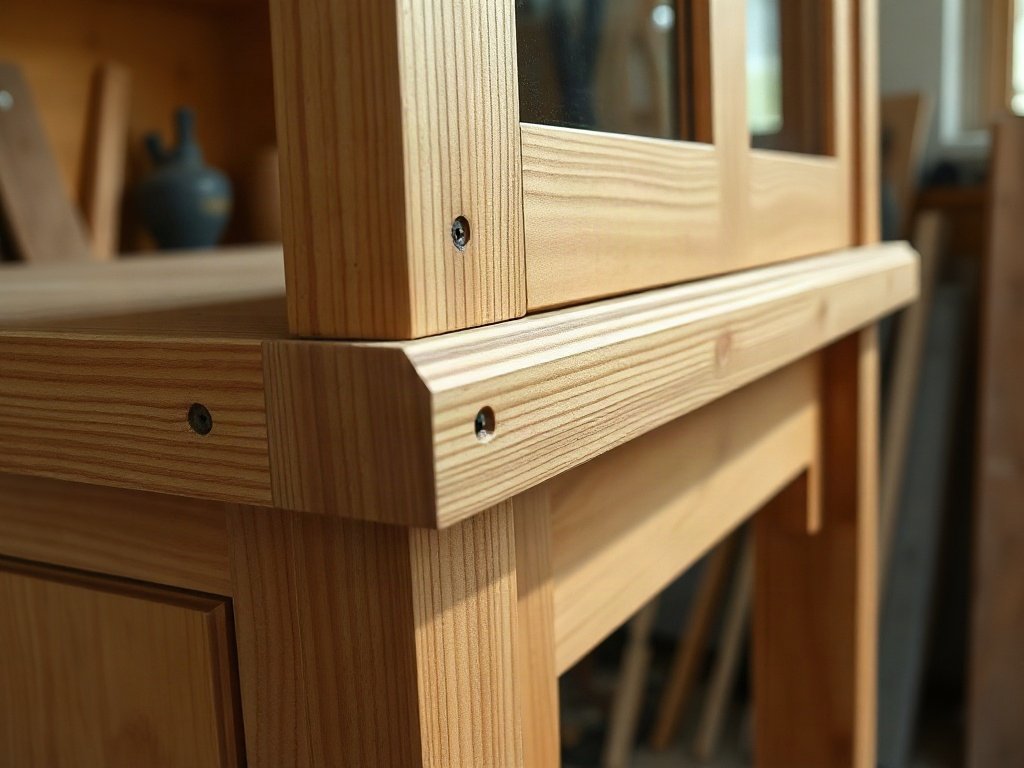 Chi tiết mộng âm dương trên khung gỗ tủ trưng bày tại xưởng mộc