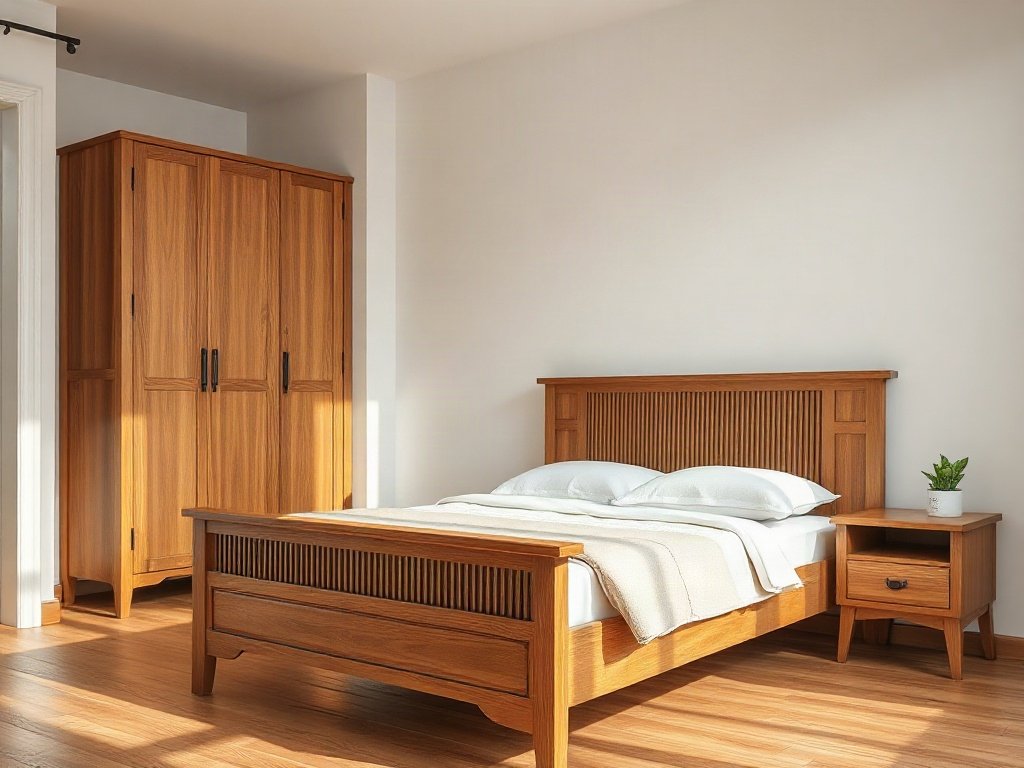 Giường gỗ tự nhiên đặt cạnh tủ quần áo gỗ trong phòng ngủ gọn gàng