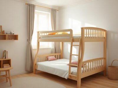 Giường ngủ gỗ trẻ em giá rẻ với thanh chắn an toàn trong phòng ngủ sáng