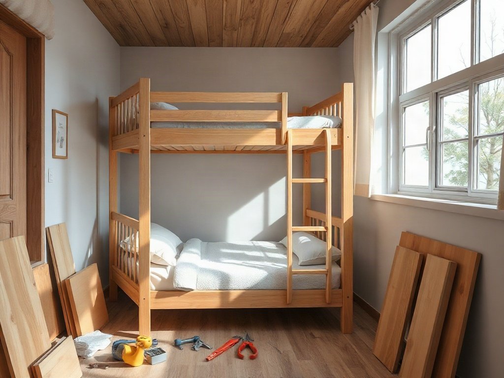 Giường tầng cho bé đang được lắp ráp tại phòng ngủ nhà phố