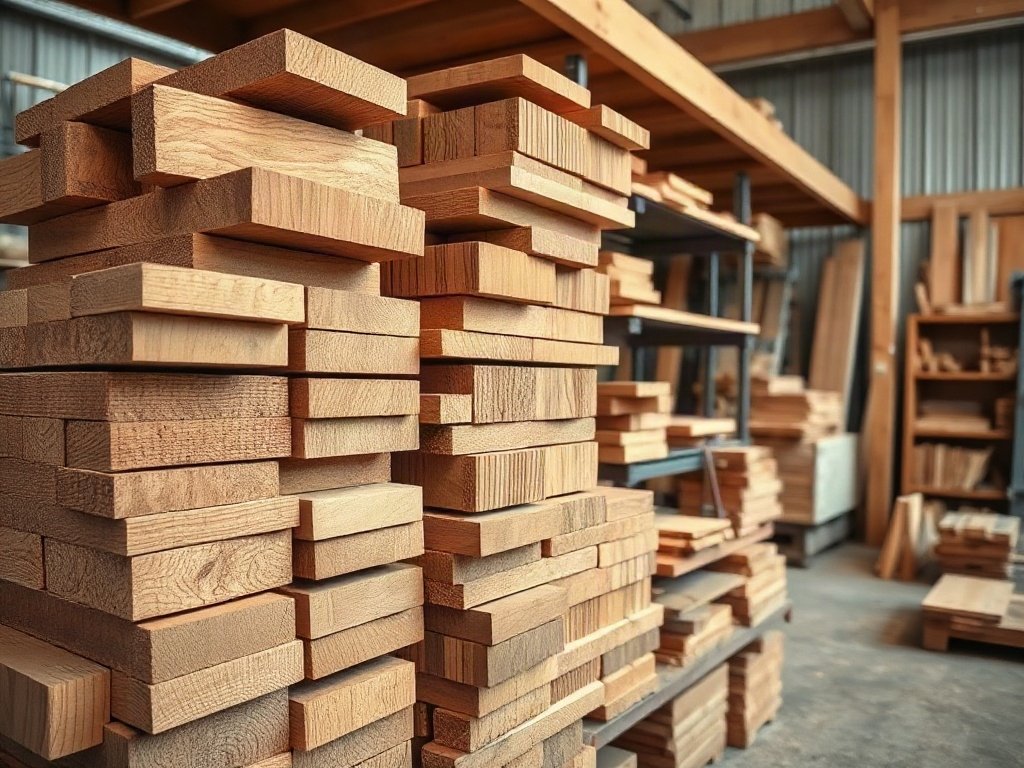 Gỗ sồi và gỗ óc chó xếp tại xưởng chuẩn bị đóng tủ sách