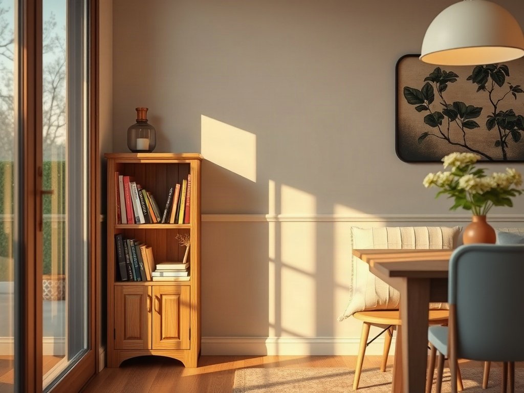 Góc đọc sách nhỏ gần bàn ăn gỗ ấm cúng buổi tối