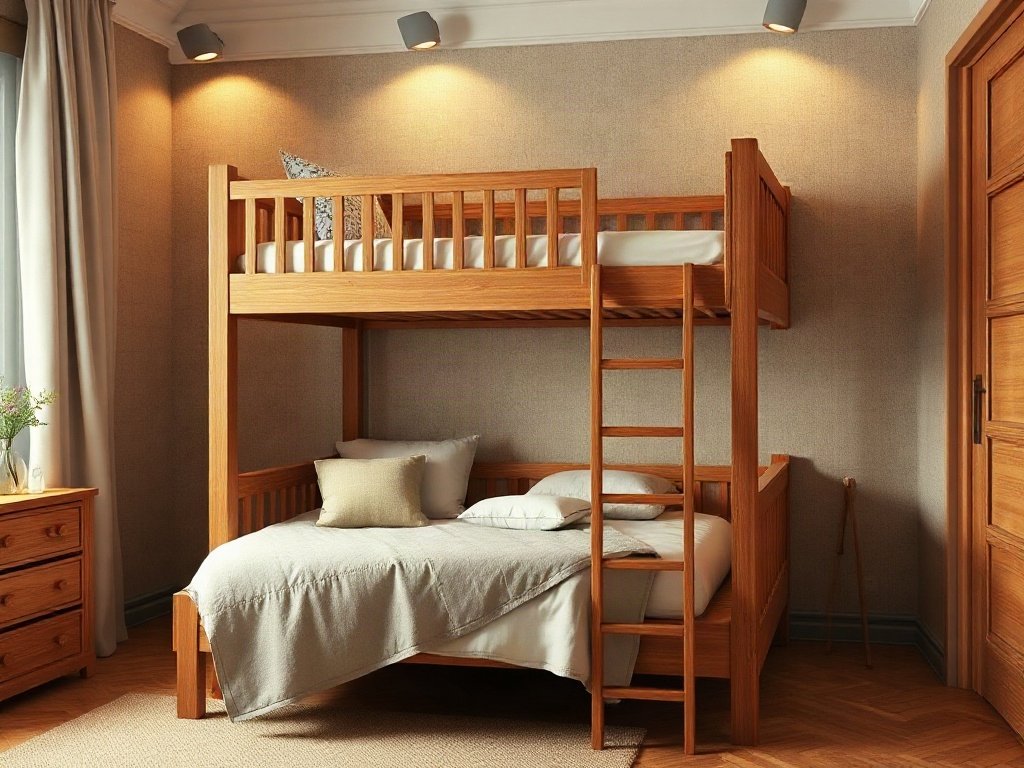 Không gian phòng ngủ ấm cúng với giường tầng gỗ cao cấp