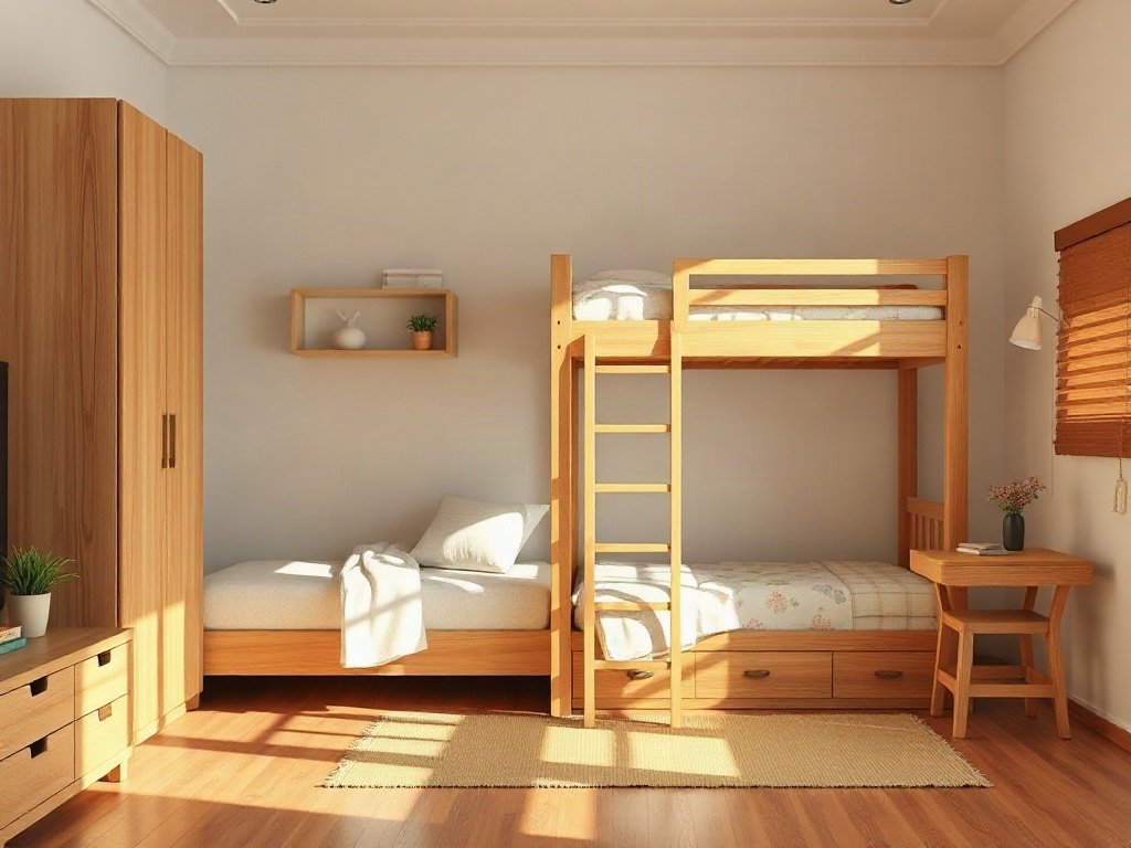 Phòng ngủ bé có giường tầng và bàn học gỗ tự nhiên gọn gàng