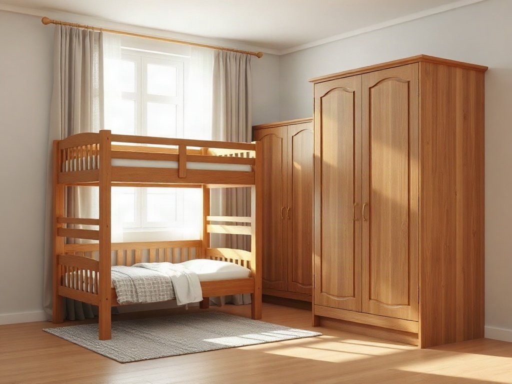 Giường 2 tầng tại quận 10 tiện nghi tiết kiệm không gian Phòng ngủ phối giường 2 tầng cùng tủ quần áo gỗ cùng tông màu