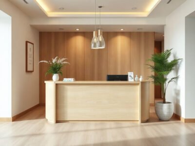 Quầy lễ tân nhỏ giá rẻ bằng gỗ melamine đặt tại sảnh spa nhỏ