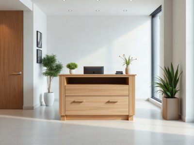 Quầy lễ tân nhỏ giá rẻ gỗ công nghiệp vân sồi đặt trong sảnh văn phòng