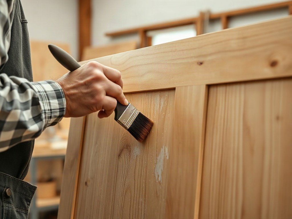 Thợ mộc phủ sơn PU bảo vệ bề mặt tủ để sách gỗ tự nhiên