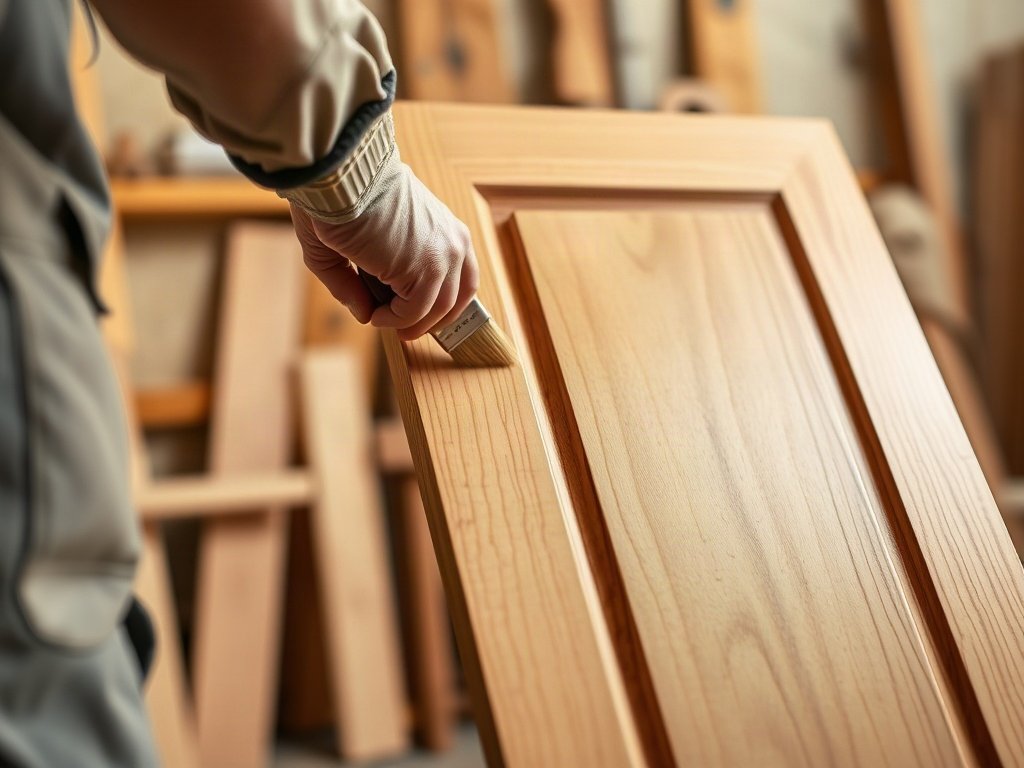 Thợ mộc sơn PU hoàn thiện bề mặt tủ hồ sơ trong xưởng gỗ