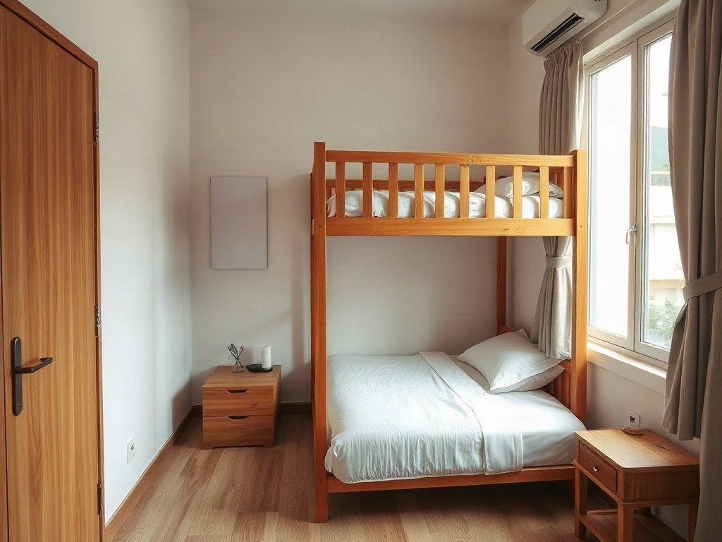 Giường 2 tầng tại quận 10 tiện nghi tiết kiệm không gian Toàn cảnh giường 2 tầng gỗ tự nhiên trong phòng ngủ chung cư nhỏ