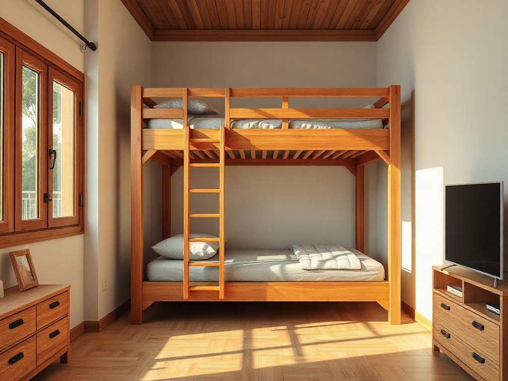 Toàn cảnh giường tầng gỗ tại TPHCM đặt trong phòng ngủ nhỏ