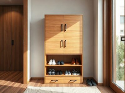 Tủ để giày thông minh gỗ tự nhiên đặt tại lối vào nhà hiện đại