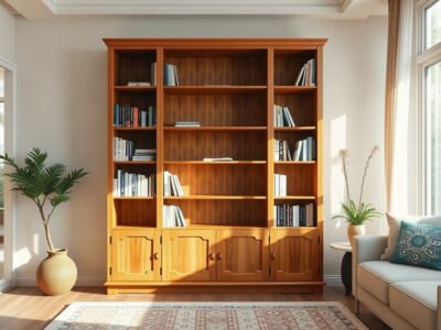 Tủ để sách đẹp bằng gỗ tự nhiên nhiều tầng kê trong phòng khách
