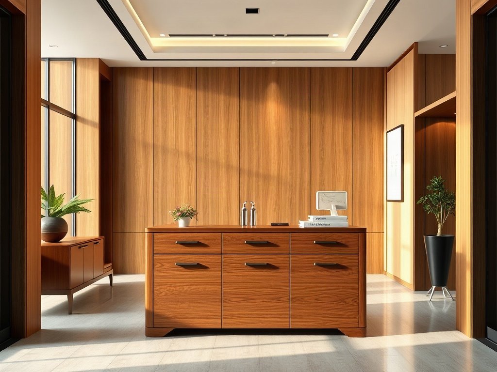 Tủ hồ sơ đẹp gỗ tự nhiên đặt tại khu vực sảnh văn phòng hiện đại