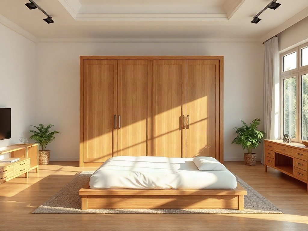 Lợi ích của tủ quần áo gỗ sồi trong việc bảo quản Tủ quần áo gỗ sồi bốn cánh trong phòng ngủ master rộng rãi