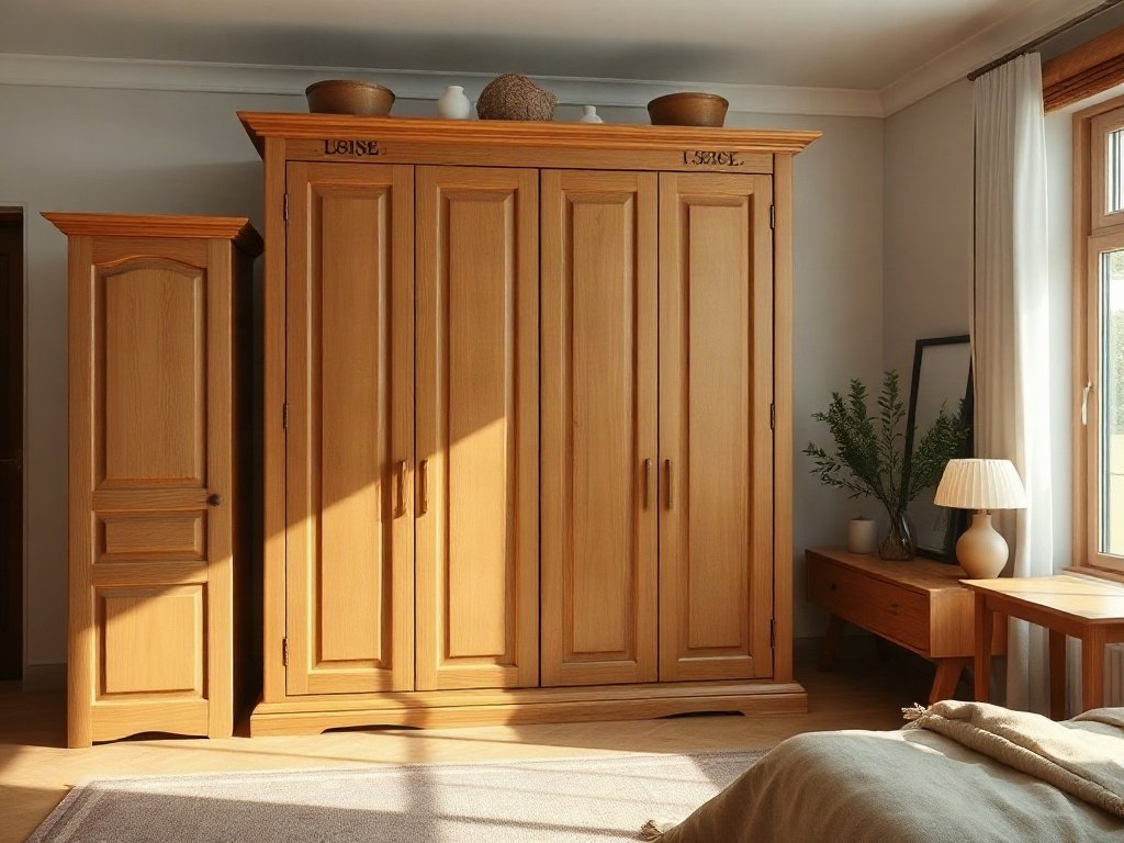 Lợi ích của tủ quần áo gỗ sồi trong việc bảo quản Tủ quần áo gỗ sồi tông vàng ấm đặt trong phòng ngủ hiện đại