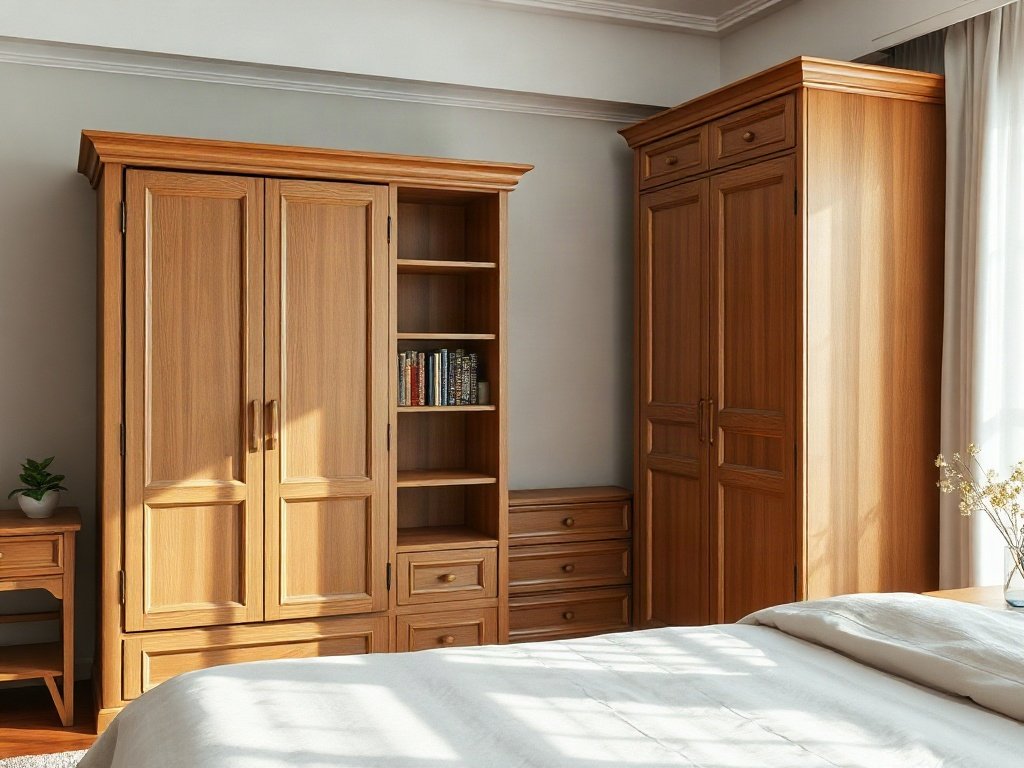Tủ sách gỗ đặt cạnh tủ quần áo gỗ đồng bộ màu trong phòng ngủ