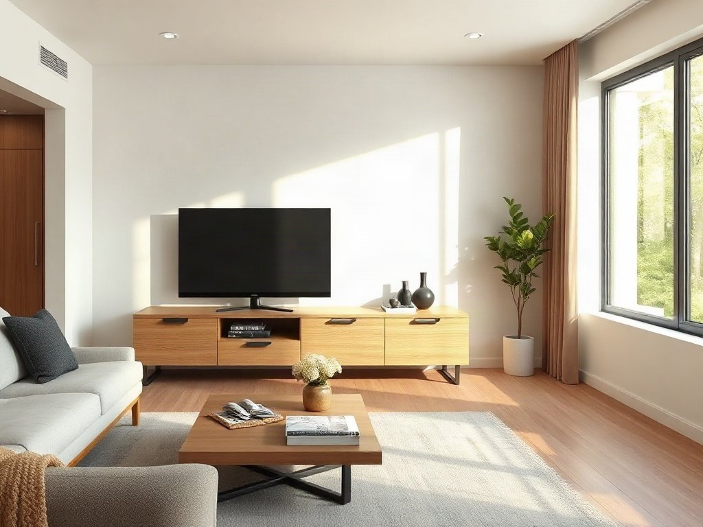 Tủ tivi cao cấp màu gỗ sáng đặt cạnh sofa trong phòng khách